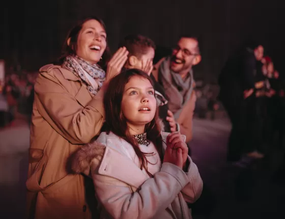 Famille avec enfants profitant de son séjour au Puy du Fou avec un final devant le spectacle nocturne "Les Noces de Feu" 
