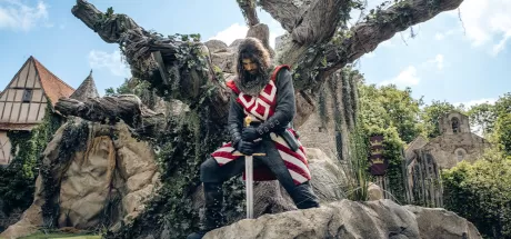 Tristan, hero of the show ‘L'Epée du Roi Arthur’, pulls Excalibur from the stone to free the Knights of the Round Table.