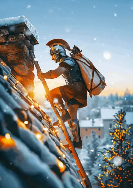 Gladiateur du Puy du Fou montant sur un toit à Noël