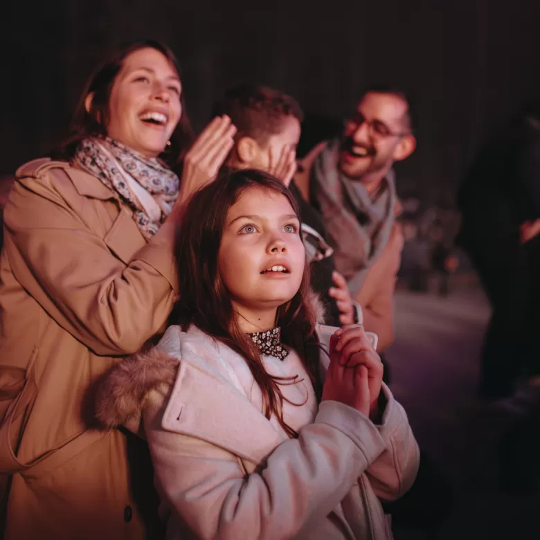 Famille regardant un spectacle nocturne au Puy du Fou