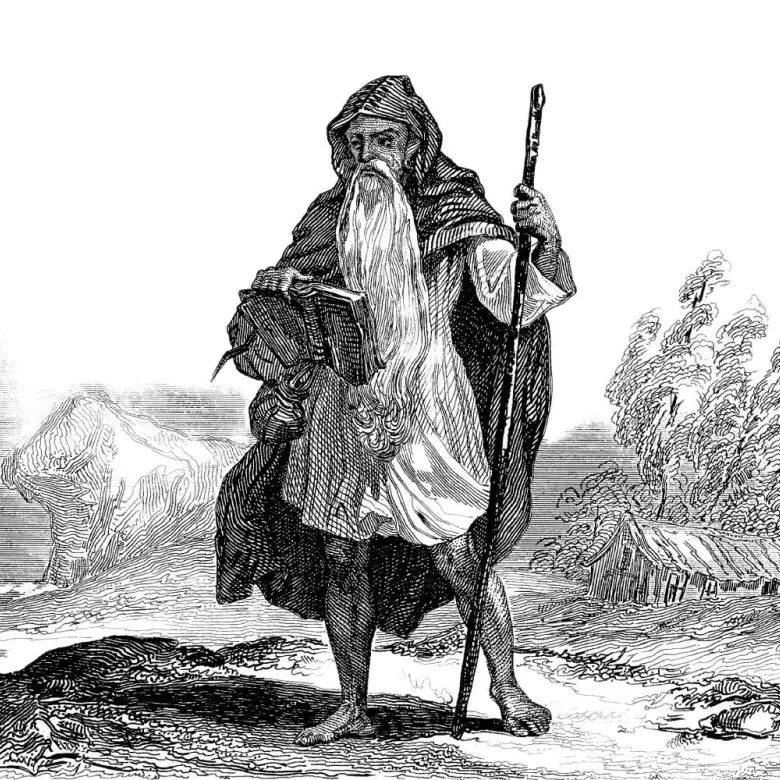 Dessin de Merlin en noir et blanc avec une canne et une cape pied nu