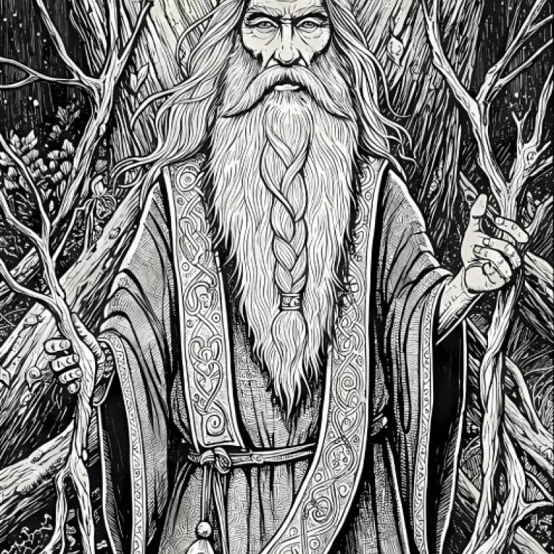 Dessin de Merlin en noir et blanc au pied d'un arbre