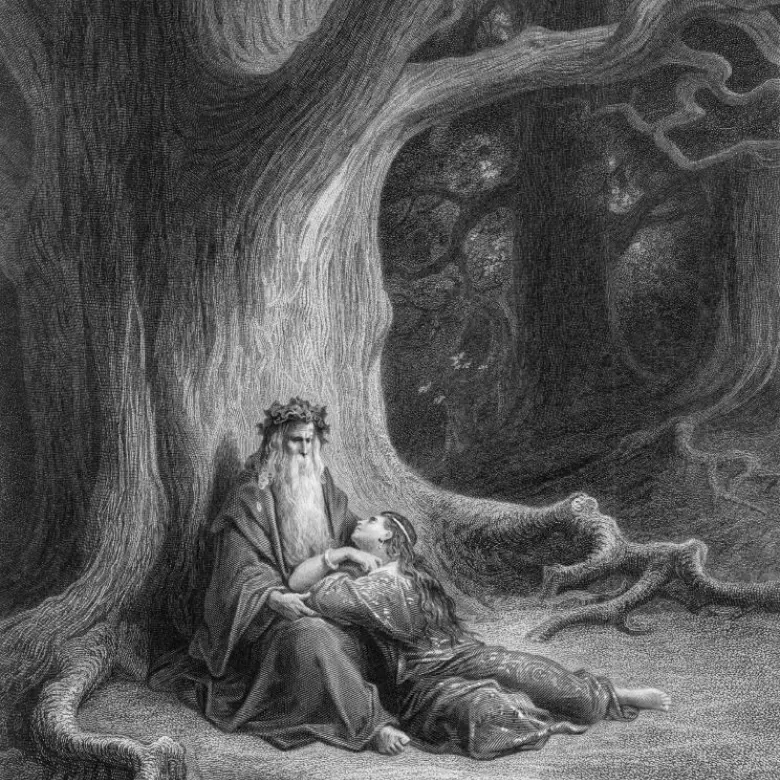 Merlin et Viviane au pied d'un arbre avant qu'elle lui lance le sort qui l'emprisonnera à jamais