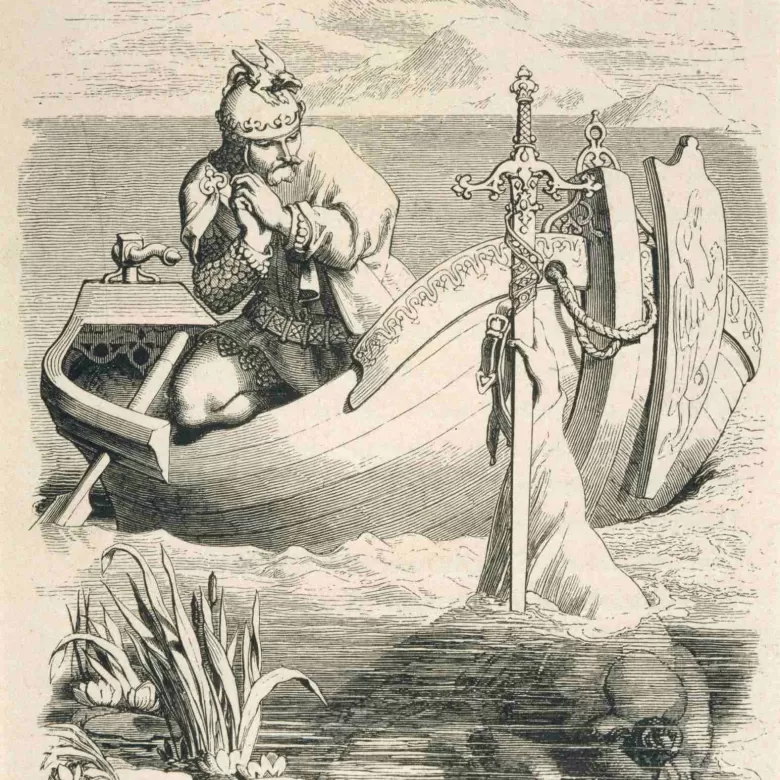 Dame du Lac tendant l'épée à Merlin pour la donner à Arthur