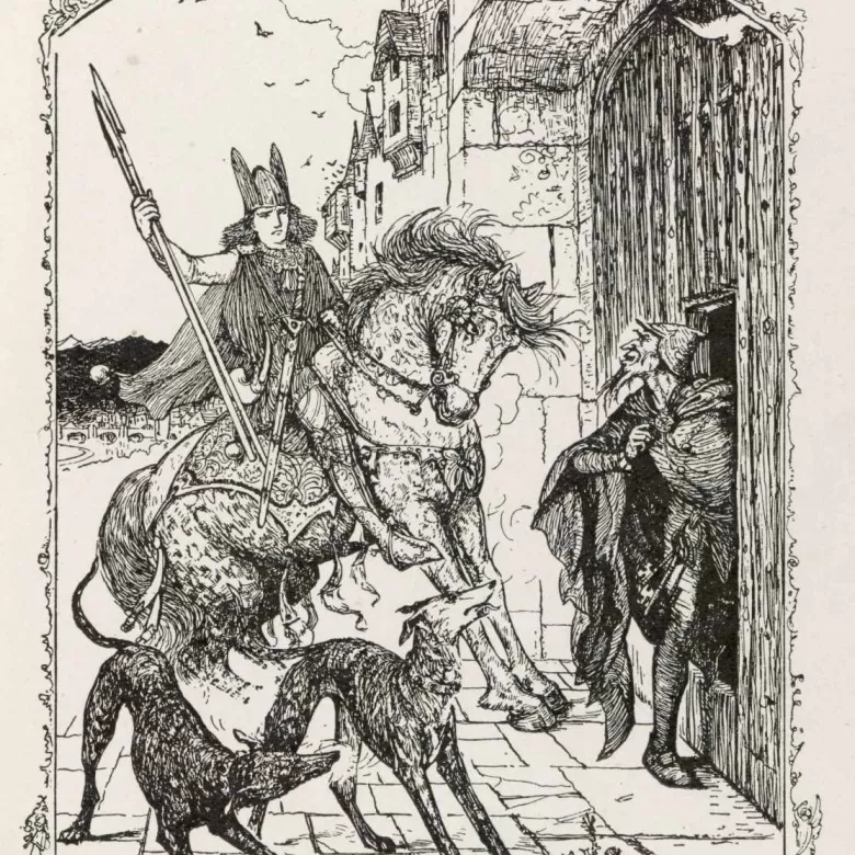 Arthur allant délivrer Olwen du géant maléfique sur les ordres de son cousin Culhwch