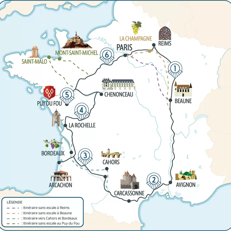 Carte de France avec les escales du Grand Tour